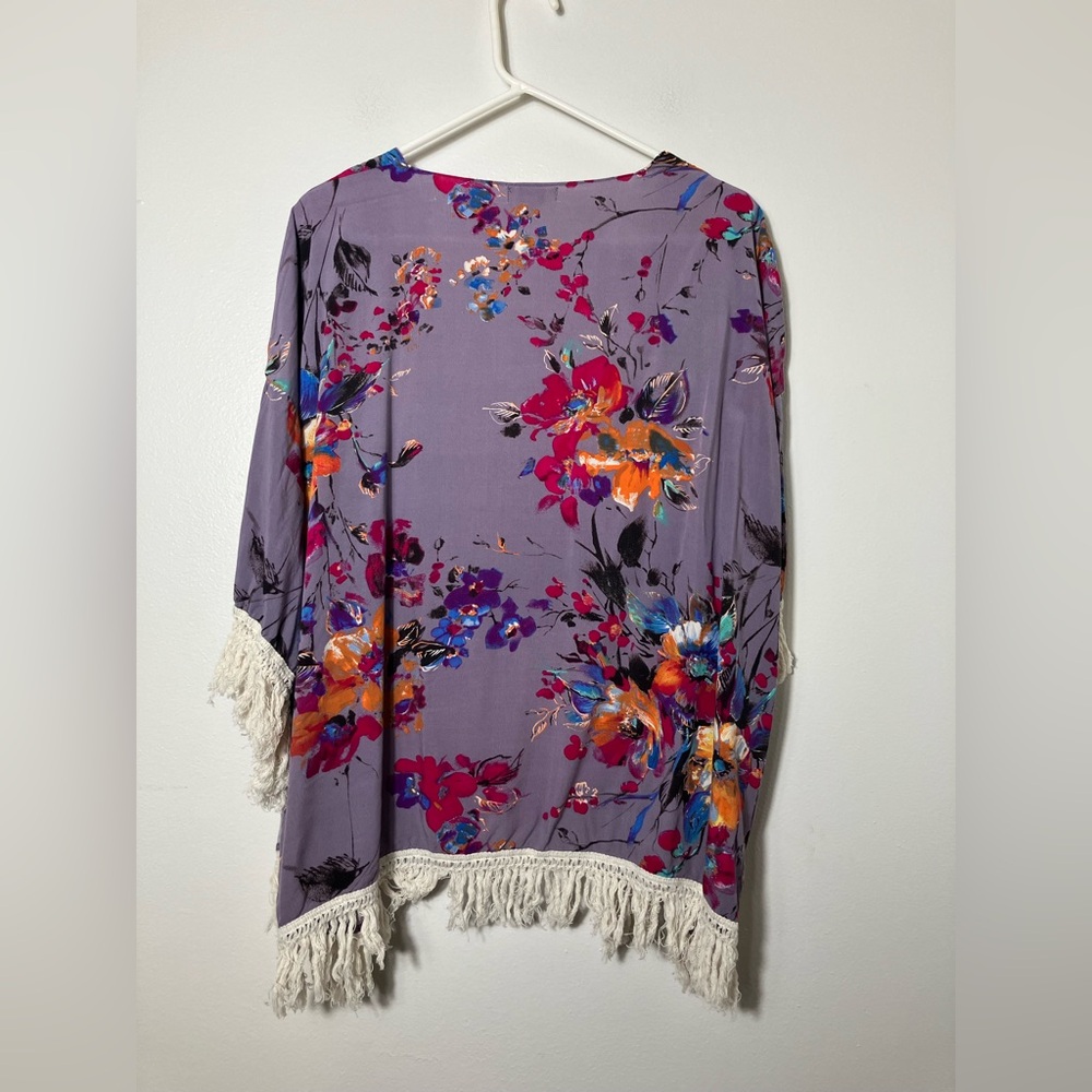 Umgee kimono Duster Sz Large Purple Floral Boho Festival Beach Tassels‎ Open - Picture 5 of 8